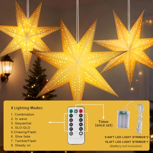 White Paper Star Lanterns with Lights – 3-Pack Indoor Christmas Decor