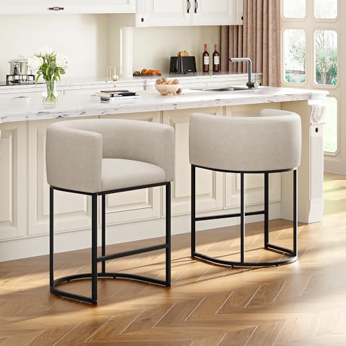 26-Inch Modern Barrel Counter Stools Set of 2, Linen Fabric Upholstered