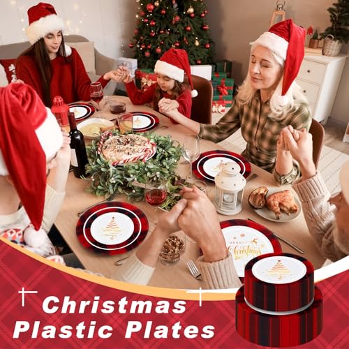 Vesici Black and Red 50 Pack Christmas Disposable Plates Buffalo Plaid 7.5 & 10.25 Inch