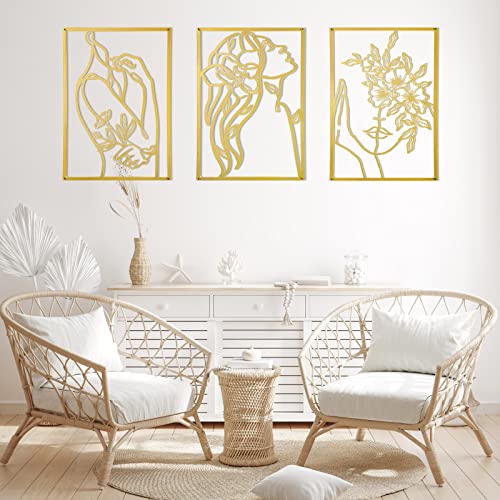 3-Piece Minimalist Gold Metal Wall Art, Floral Lady Silhouette Wall Decor