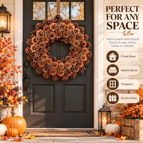 Dark Brown 18 Inch Fall Wreath with Pine Cones for Front Door & Decor