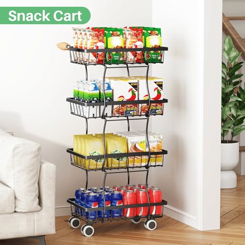 4-Tier Stackable Fruit Basket Stand, Rolling Wire Storage Cart for Kitchen