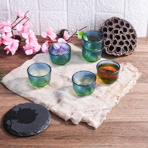 Whitenesser Set of 6 Blue Green Hammered Glass Sake Cups 2.2" Small Drinkware