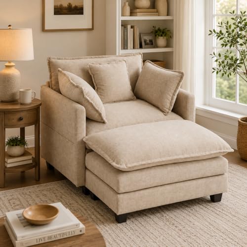41-Inch Oversized Reading Chair with Ottoman, Chenille Deep Seat Armchair