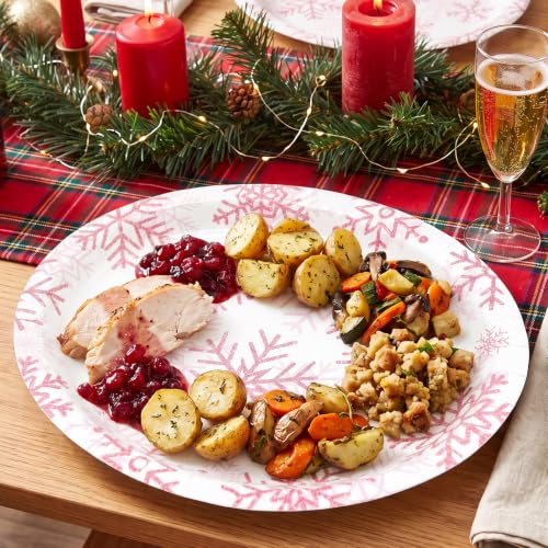 Temicle Rustic 50 Pcs Christmas Oval Paper Plates 9 x 11in Pink Snowflake – Disposable Holiday Dinner Plates