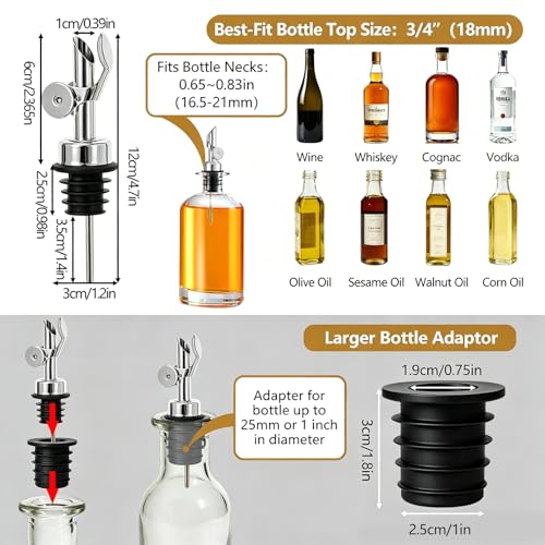 Silver 3 Pack Oil & Liquor Pour Spouts with Adapters, Auto Flip, Leak-Proof
