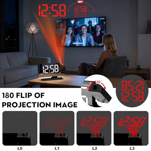 Digital Projection Alarm Clock with 7.3-Inch Mirror Display