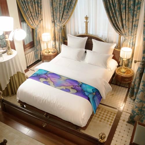 Purple Gold Marble Satin Bed Runner for King Size Bed (94x20 Inch)