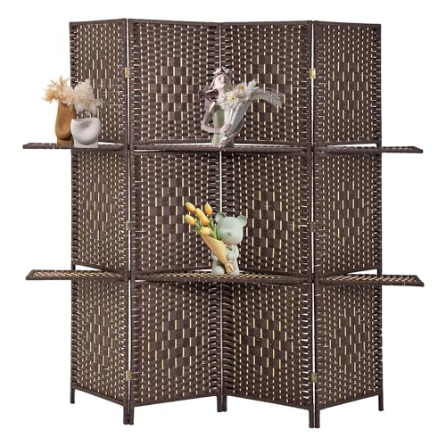 4-Panel Folding Room Divider with Shelves, 5.9ft Wooden Privacy Screen