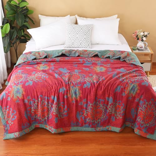 100% Cotton Red Floral Jacquard Quilt - Reversible Lightweight Bedspread