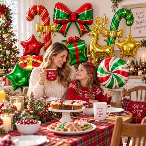 Pinbra Christmas Foil Balloons Kit - Candy Cane, Reindeer, Star & Gift Box Party Decorations