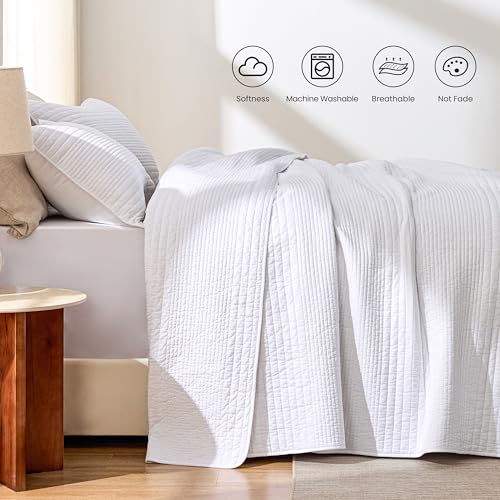 Love's Cabin Queen Cotton Quilt Set - Striped Textured White Coverlet