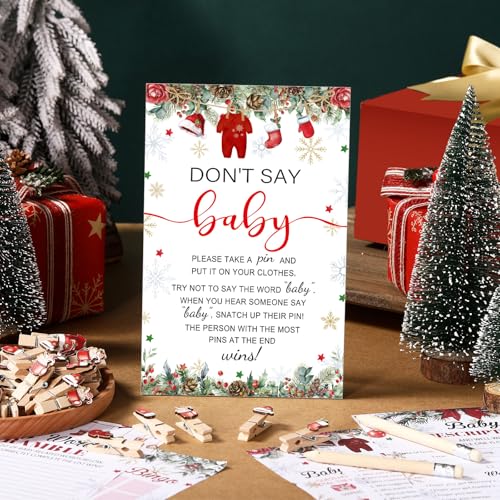 Patelai Christmas Santa Baby Shower Game Supplies Set with Sign, Cards, Clothespins & Pencils - Holiday Party Decorations