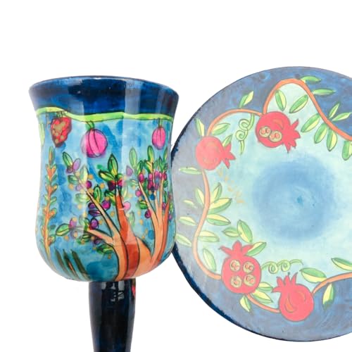 Large Wooden Kiddush Cup and Saucer Set with Seven Species Design