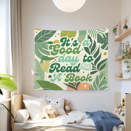 "It's A Good Day to Read A Book" Wall Tapestry - Boho Leaf Decor (50x60 In)