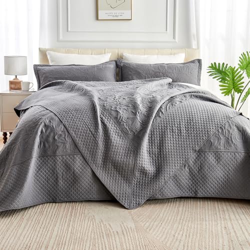 ECHODRM Oversized King Quilt Set 120x118 Dark Grey Floral Microfiber Bedding