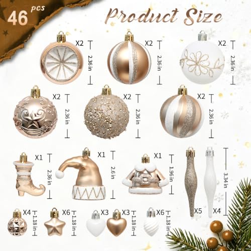 Champagne 46-Piece Christmas Ornaments Set for Tree & Wreaths - PurpleSwan (Champagne/White) 2.36in