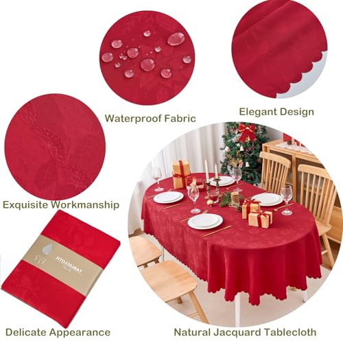 EFFICINATURE Red Jacquard Oval Tablecloth 60x84 Inches Waterproof & Washable