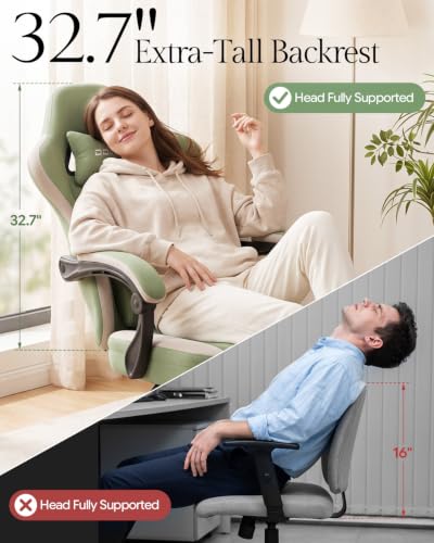 Ergonomic Fabric Gaming Chair with Footrest, Pocket Spring Cushion, Green