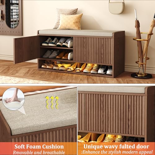 39-inch Fluted Shoe Storage Bench with Linen Seat, LED Light & Adjustable Shelf