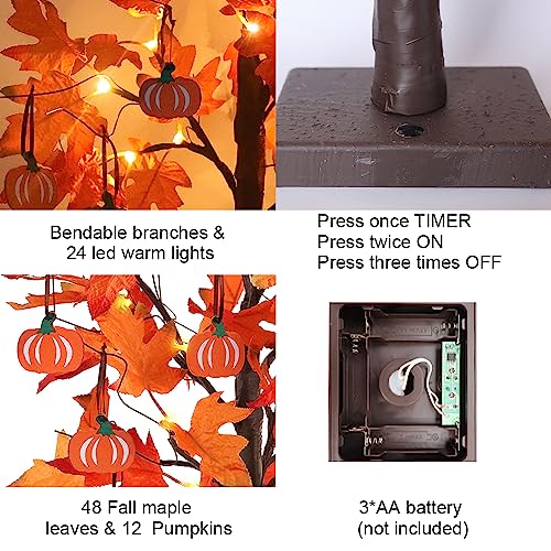 Lighted Maple Leaves Tree with Pumpkin Ornaments - 24" Fall Decor