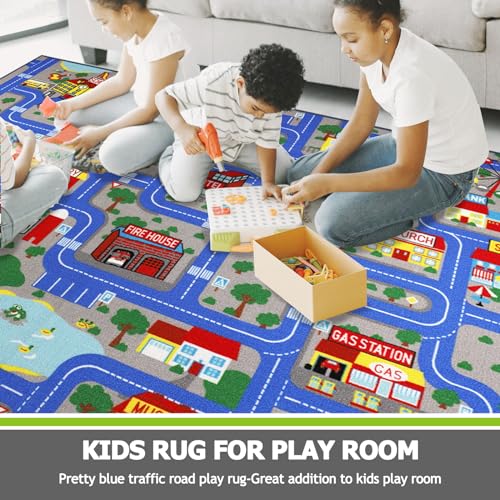 Kids City Road Playmat - 5' x 6'6" Washable Non-Slip Car Track Area Rug