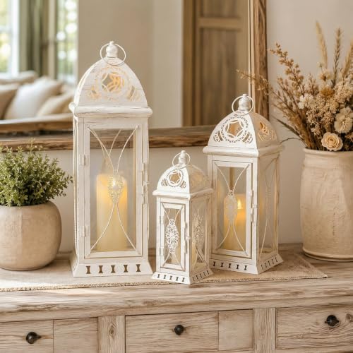 TRIROCKS Beige with Gold Brush 3-Set Large Decorative Candle Lanterns (22, 16, 11 in) for Indoor Outdoor