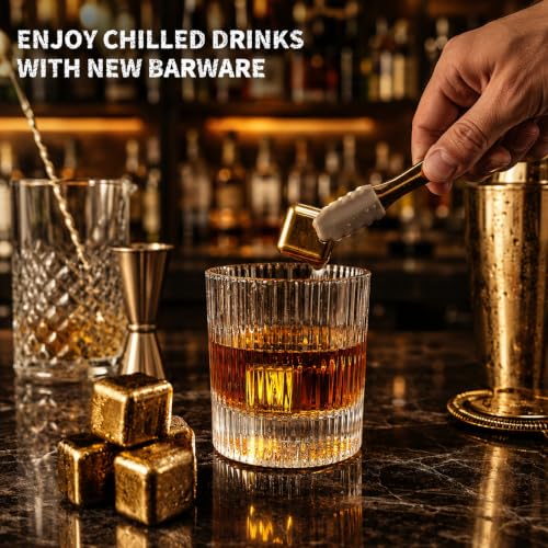 Hgsoor Gold Stones Whiskey Gift Set for Men with 2 Ribbed Bourbon Glasses & Chillers