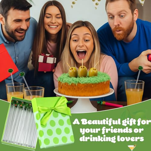 Qinyoung Martini Olive Glass Drink Stirrers - Reusable 7 Inch Cocktail & Coffee Swizzle Sticks (12 Pack)
