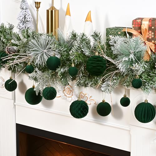 Green Velvet Christmas Ornaments Set - 38Pcs Flocked Holiday Tree Decorations
