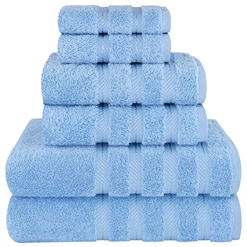 Turkish Luxury Cotton Towel Set with Sky Blue Accents - 6 Piece Bath & Hand Towels