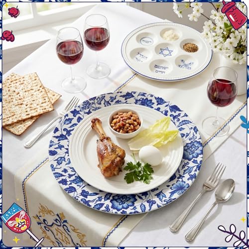 Yungyan 6 Pack 13in Blue & White Christmas Porcelain-Style Plastic Charger Plates (Passover Embroidery / Blue) - Non-Disposable