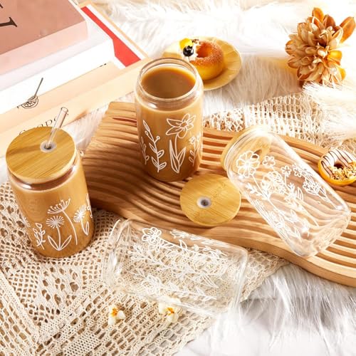 24 Pcs Boho Floral Glass Cups with Lids & Straws - 16 oz Coffee & Drinkware Set