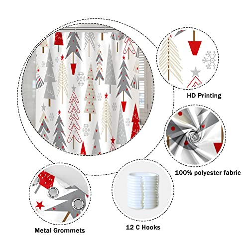 Christmas Tree Bathroom Shower Curtain Grey Pines Pattern Snowflakes