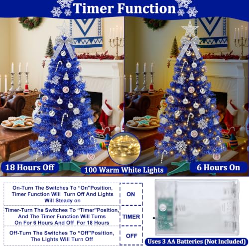 TURNMEON Blue 4 Ft Lighted Artificial Christmas Tree with Warm White Lights & Ornaments