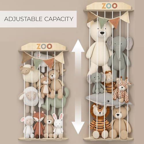 Corner Stuffed Animal Storage Zoo with Wooden Shelves and Hanging Garland