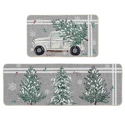 Artoid Mode Pine Holly Christmas Kitchen Rugs Set of 2, 17x29 & 17x47 inches