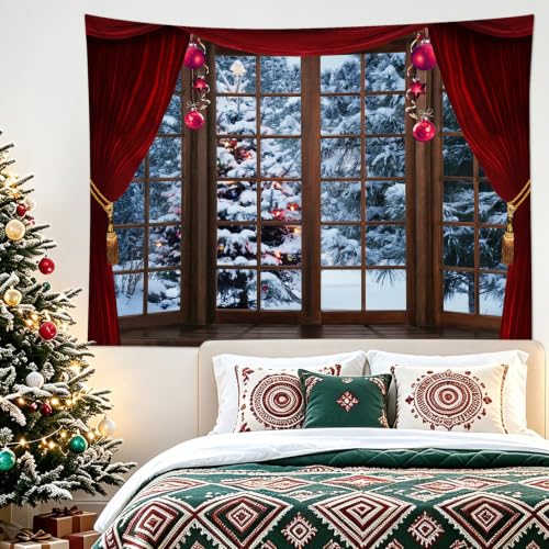 LB Winter Forest Tapestry Red 60W x 40H Inches – Christmas Pine Tree Curtain Window Wall Hanging