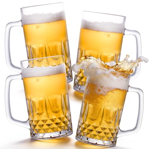 4-Pack 17.4 oz Large Glass Beer Mugs with Handles for Freezer Chilling