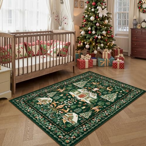 LIVEBOX 4x6 Green Christmas Rug with Santa Deer & Tree, Non-Slip Vintage Indoor Carpet
