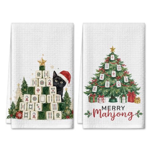 Santa Cat Mahjong Kitchen Towels Set of 2 - Christmas Dish Hand Towels 16 x 24 Inches