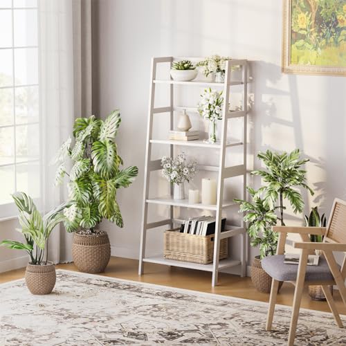 4-Tier Bamboo Ladder Bookshelf, White Modern Open Display Storage Rack