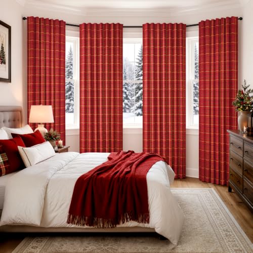 MIULEE Red Plaid Gingham Curtains 2 Panels 52W x 95L - Farmhouse Window Drapes
