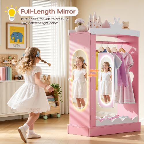 Kids Dress Up Wardrobe with Light-Up Mirror and Jewelry Storage - Pink