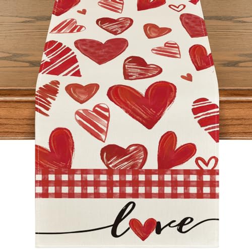 Artoid Mode Red Buffalo Plaid Love Heart Table Runner 13x120 Inch for Dining & Parties