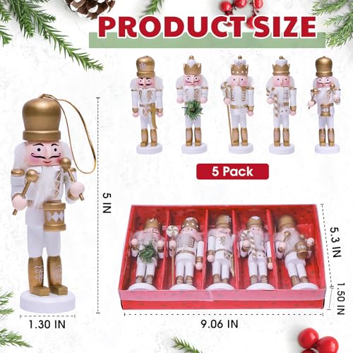5-Piece Wooden Nutcracker Soldier Ornaments Set, 5-Inch Christmas Tree Decor