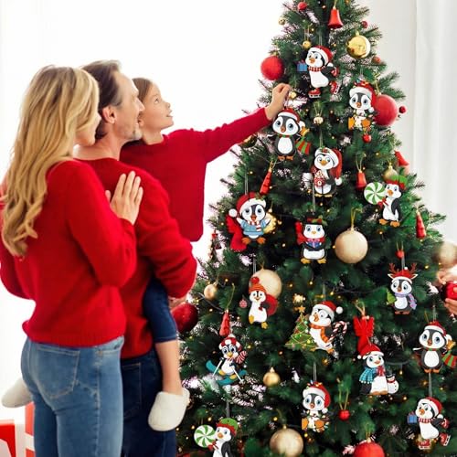 Penguin Christmas Tree Ornaments 48-Pack Wooden Decorations with Rope