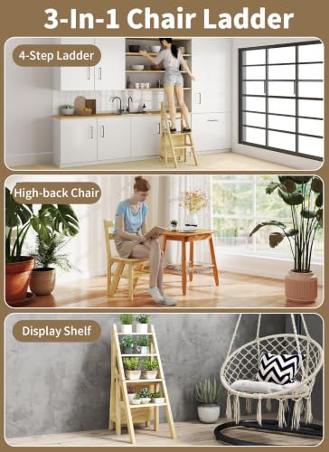 3-in-1 Wooden Folding Library Ladder and Step Stool, 300lb Capacity