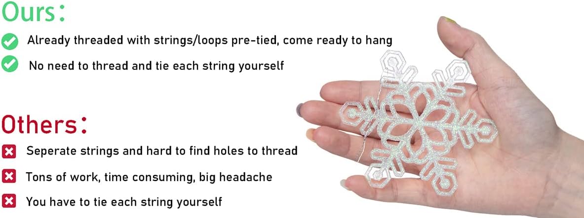 Skiennix 48pcs Pre-Strung White Snowflake Ornaments - Iridescent Glitter Christmas Tree Decor