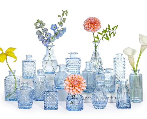 Blue Glass Bud Vases Set of 16 - Vintage Mini Flower Vases for Centerpieces